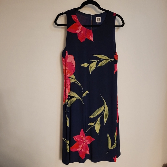 ANNE KLEIN Navy Blue Floral Swing Dress Size 14 - Picture 3 of 14